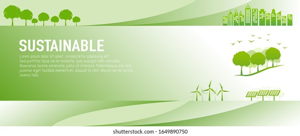 Banner design for sustainable development and eco friendly concept with green city and world environment day, vector illustration