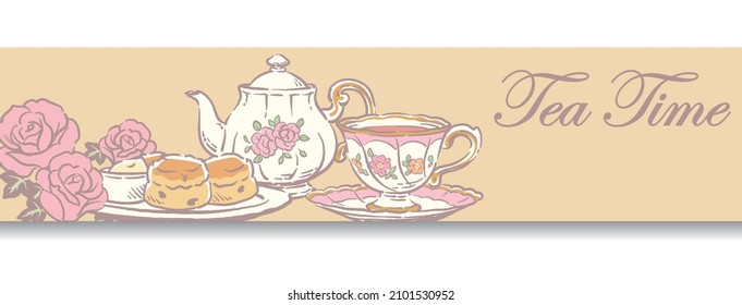 Banner design with tea time objects. Vintage style. Vector illustration.