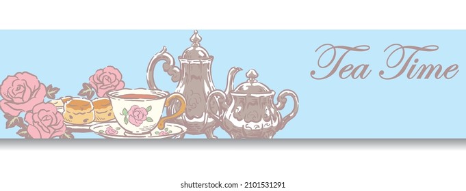 Banner design with tea time objects. Vintage style. Vector illustration.