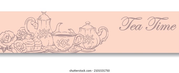 Banner design with tea time objects. Vintage style. Vector illustration.