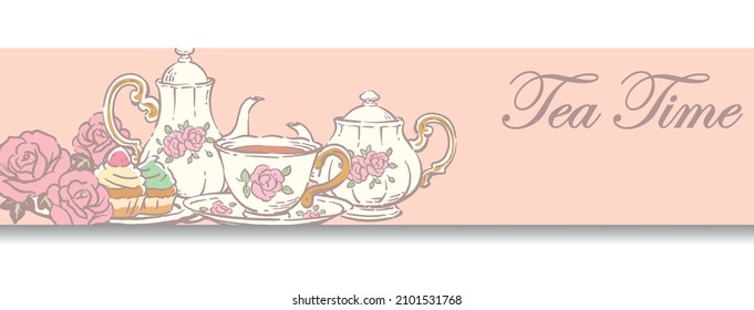 Banner design with tea time objects. Vintage style. Vector illustration.