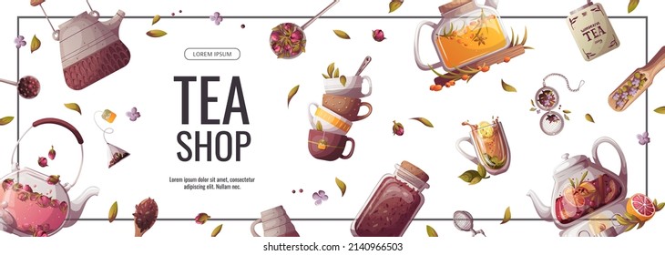 Banner design with teapots, jar of loose tea, teacups. Tea shop, break, cafe-bar, tea lover, tea party, beverages concept. Vector illustration for poster, banner, flyer, menu, advertising. 