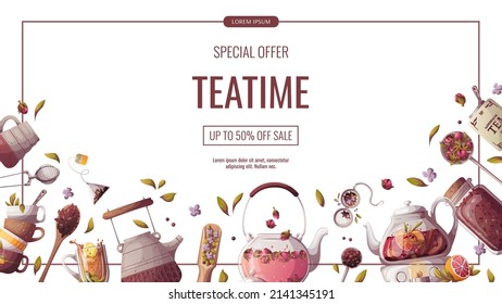 Banner design with teapots, jar of loose tea, teacups. Tea shop, break, cafe-bar, tea lover, tea party, beverages concept. Vector illustration for poster, banner, flyer, menu, advertising. 