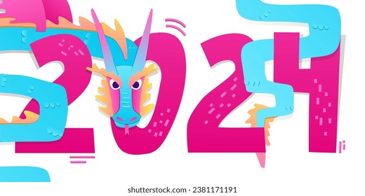 Banner design template for 2024. Year of the Dragon. Bright design with year of the dragon decor. Cartoon and cute dragons. Vector