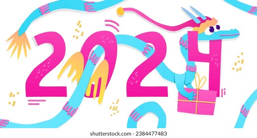 Banner design template for 2024. Year of the Dragon. Bright design with year of the dragon decor. Cartoon and cute dragons. Vector