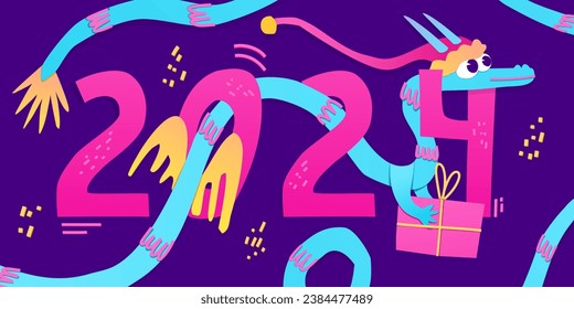 Banner design template for 2024. Year of the Dragon. Bright design with year of the dragon decor. Cartoon and cute dragons. Vector
