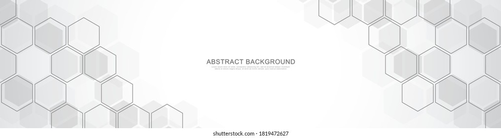 Bannerdesign-Vorlage. Abstrakter Hintergrund mit geometrischen Formen und Hexagonmuster. Vektorgrafik für Medizin, Technologie oder Wissenschaftsdesign.