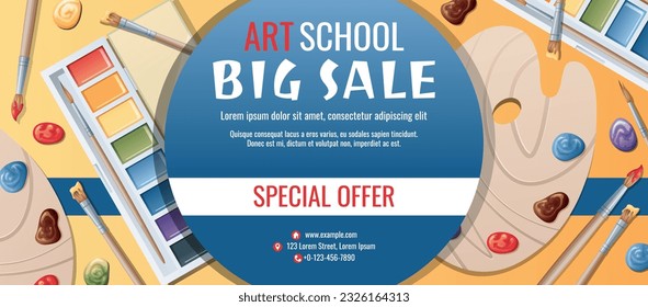 Banner design template for art school, studio, course, class, education. Back to school sale vector background with art paints, brushes and palette. Creativity, hobby.