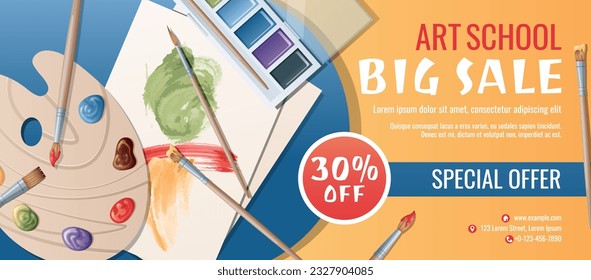 Banner design template for art school, studio, course, class, education. Back to school sale vector background with art paints, brushes and palette. Creativity, hobby.