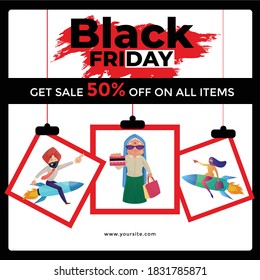 Banner design template of Black Friday man and woman are going for shopping.