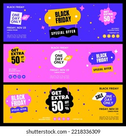 Plantilla de diseño de banner Venta de viernes negro con ventas de marketing, impresión, digital y estilo joven divertido