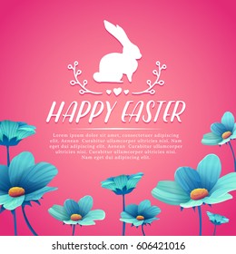 Banner design template with blue flower decoration for spring Easter. Invitation for easter holiday with logo and rabbit, flower element.  Vector.