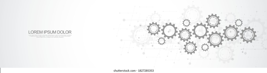 Banner design template. Cogs and gear wheel mechanisms. Hi-tech digital technology and engineering. Abstract technical background.