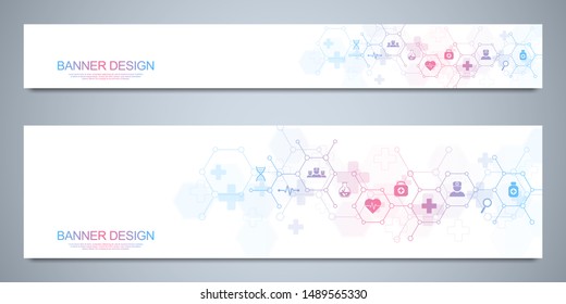 Banner Design Template. Concept And Idea For Health Care Business, Medical Research, Healthcare Technology, Science With Medicine Icons And Symbols.
