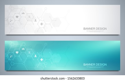 Banner design template. Concept and idea for health care business, medical research, healthcare technology, science with medicine icons and symbols.