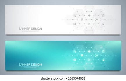 Banner Design Template. Concept And Idea For Health Care Business, Medical Research, Healthcare Technology, Science With Medicine Icons And Symbols.