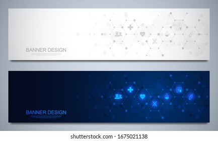 Banner design template. Concept and idea for health care business, medical research, healthcare technology, science with medicine icons and symbols.