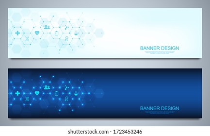 Banner design template. Concept and idea for health care business, medical research, healthcare technology, science with medicine icons and symbols.