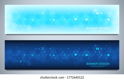 Banner design template. Concept and idea for health care business, medical research, healthcare technology, science with medicine icons and symbols.