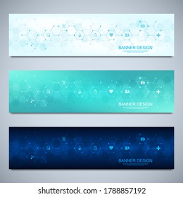 Banner design template. Concept and idea for health care business, medical research, healthcare technology, science with medicine icons and symbols.