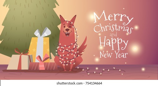 Banner design template with congratulations Happy Christmas and New Year. Red dog with gifts of the symbol of 2018.