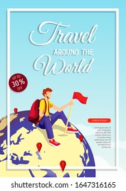 Banner design template for discovery, World Tourism Day, travel agency. Young man sitting on the globe with red flag. Vector illustration for banner, poster, commercial, advertisement, card, placard.