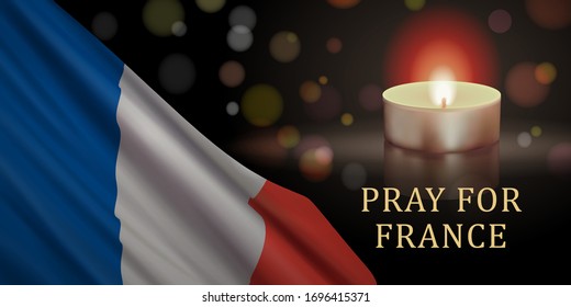 Banner design template with flag of France, candle, and slogan "Pray For France". Vector illustration dedicated to supporting people suffering from coronavirus disease (COVID-19) in France.