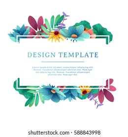 Banner design template with floral decoration. Rectangular frame with the decor of flowers, leaves, twigs. Individual invitation with space for text on the background natural summer bouquet. Vector.