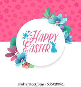 Banner design template with floral decoration for spring Easter. The round frame with the decor of plants, herb, leaves, twigs. Invitation with logo for easter holiday  with rabbit, flower element.