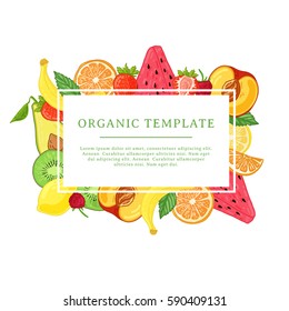 Banner design template with fruit decoration. Rectangular frame with the decor of healthy, juicy fruit. Card with space for text on the background natural summer vegeterian food. Vector.