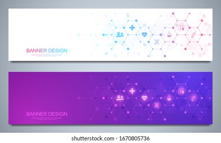 Plantilla de diseño de pancarta. Concepto e idea de hexágono geométrico para el negocio de la salud, investigación médica, tecnología de la salud, ciencia con iconos y símbolos de la medicina.