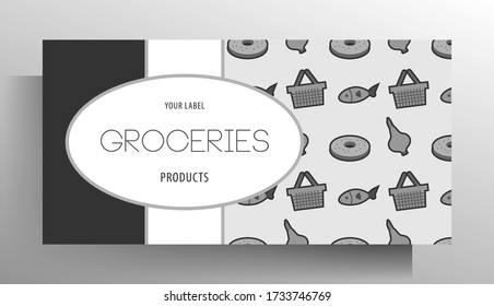 Banner design template for grocery store. Food pattern with place for your text. Vector 10 EPS.