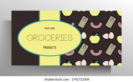 Banner design template for grocery store. Color pattern with food and place for your text. Vector 10 EPS.