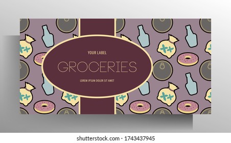 Plantilla de diseño de pancartas para tienda de comestibles. Patrón brillante con comida y lugar para tu texto. Vector 10 EPS.
