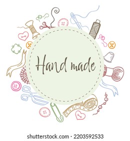 Banner design template hand made. The color patch with the decor of the sewing attributes. Frame of buttons, scissors, threads and pins for handmade poster. Vector.