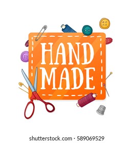 Banner design template hand made. The color patch with the decor of the sewing attributes. Frame of buttons, scissors, threads and pins for handmade poster. Vector.