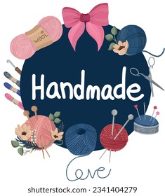 Banner design template of Handmade, Knitting tools. Hobby topic. Wool balls, threads. Design your own banner template for handmade knitting tools as a fun hobby activity.