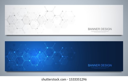 Banner design template and headers for site with molecular structures. Abstract vector background. Science, medicine and innovation technology concept. Decoration website and other ideas