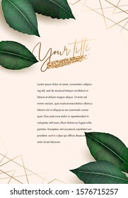 Banner design template for inspiration card, poster, cover, leaflet, print, mobile app. Golden geometric elements and green leaves. Vector illustration, eps 10