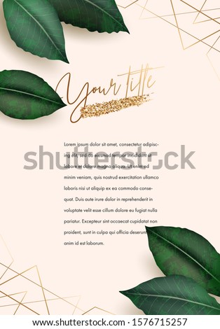 Banner design template for inspiration card, poster, cover, leaflet, print, mobile app. Golden geometric elements and green leaves. Vector illustration, eps 10