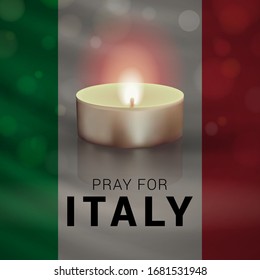 Banner design template with Italian flag, candle, and slogan "Pray For Italy". Vector illustration dedicated to supporting people suffering from coronavirus disease (COVID-19) in Italy. 
