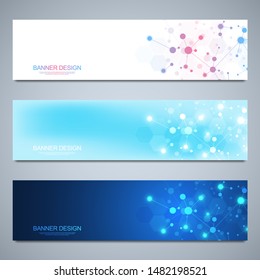 Banner design template with molecules background, genetic engineering, molecular structure, neural network. Concepts and ideas for science, medicine, health care business and innovation technology.
