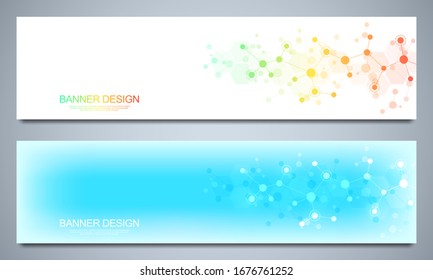 Banner Design Template With Molecules Background, Genetic Engineering, Molecular Structure, Neural Network. Concepts And Ideas For Science, Medicine, Health Care Business And Innovation Technology