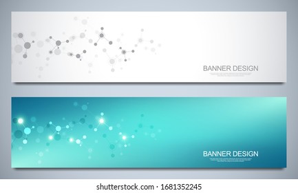 Banner design template with molecules background, genetic engineering, molecular structure, neural network. Concepts and ideas for science, medicine, health care business and innovation technology