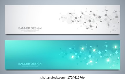 Banner Design Template With Molecules Background, Genetic Engineering, Molecular Structure, Neural Network. Concepts And Ideas For Science, Medicine, Health Care Business And Innovation Technology