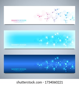 Banner design template with molecules background, genetic engineering, molecular structure, neural network. Concepts and ideas for science, medicine, health care business and innovation technology