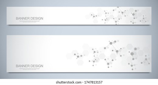 Banner design template with molecules background, genetic engineering, molecular structure, neural network. Concepts and ideas for science, medicine, health care business and innovation technology