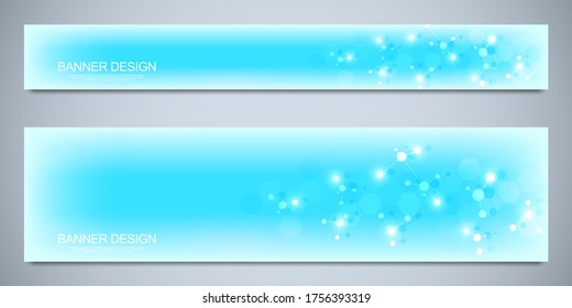 Banner design template with molecules background, genetic engineering, molecular structure, neural network. Concepts and ideas for science, medicine, health care business and innovation technology
