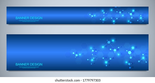 Banner design template with molecules background, genetic engineering, molecular structure, neural network. Concepts and ideas for science, medicine, health care business and innovation technology