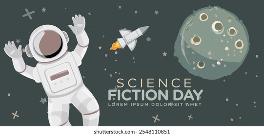 Banner design template for National Science Fiction Day. Immerse in futuristic visuals with this captivating vector illustration for Sci-Fi Celebration